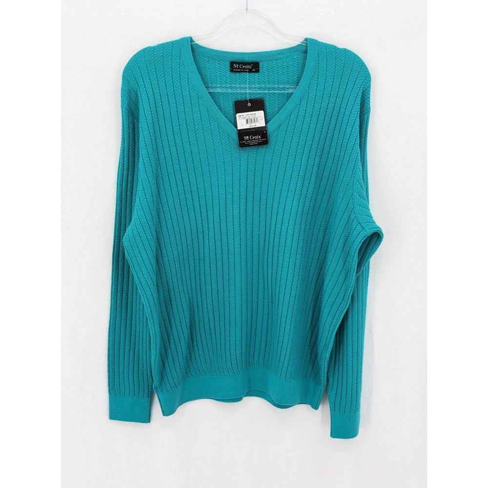 St Croix Sweater Mens Medium Caribbean Teal V-Neck Ribbed Knit Long Sleeve USA